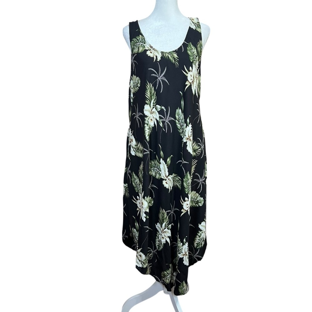 VTG Black Floral Hawaiian Kaftan Muu Muu Y Not House Dress Cotton Pockets One Sz